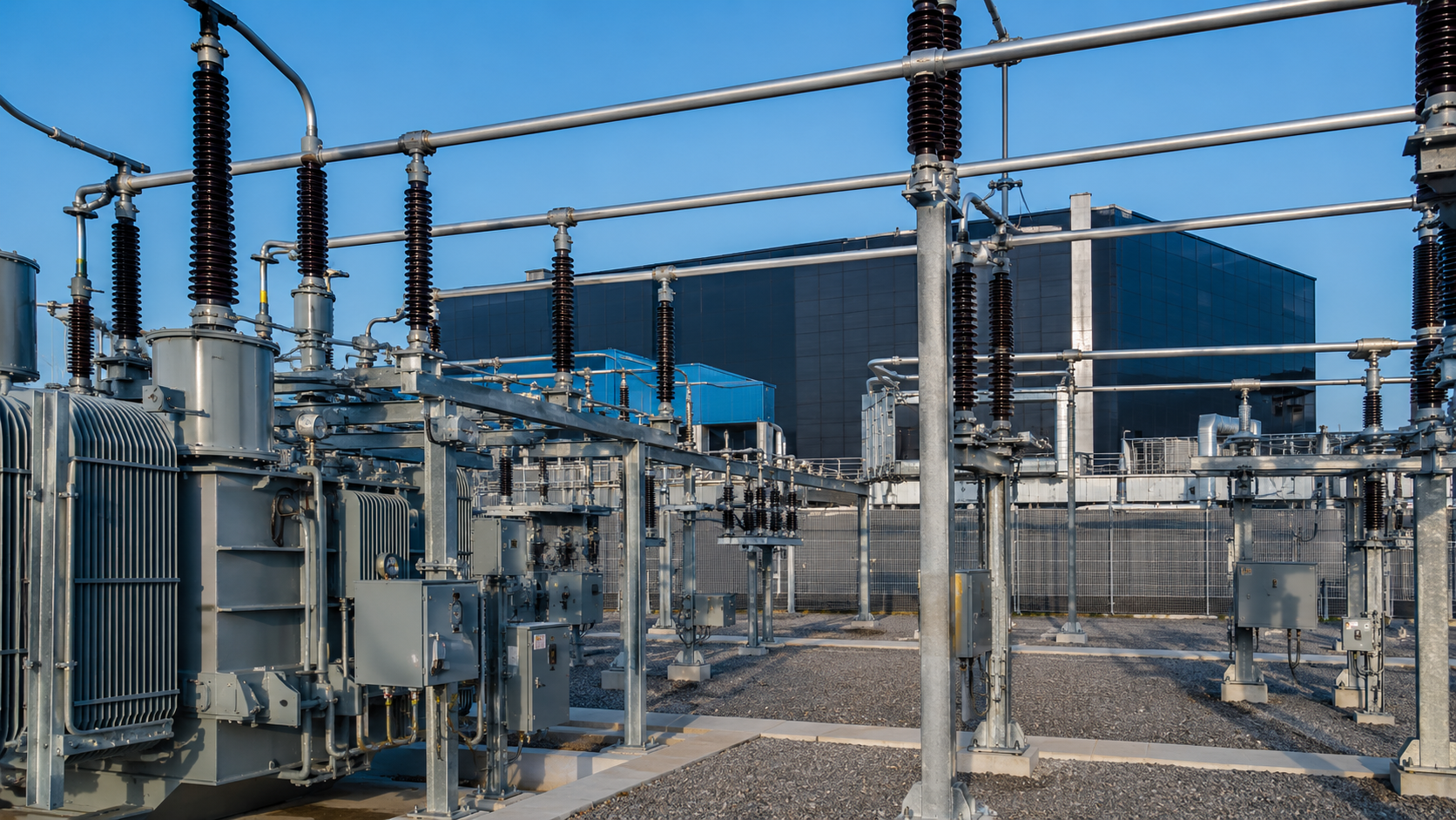 High-voltage substation and transformers serving a modern data center