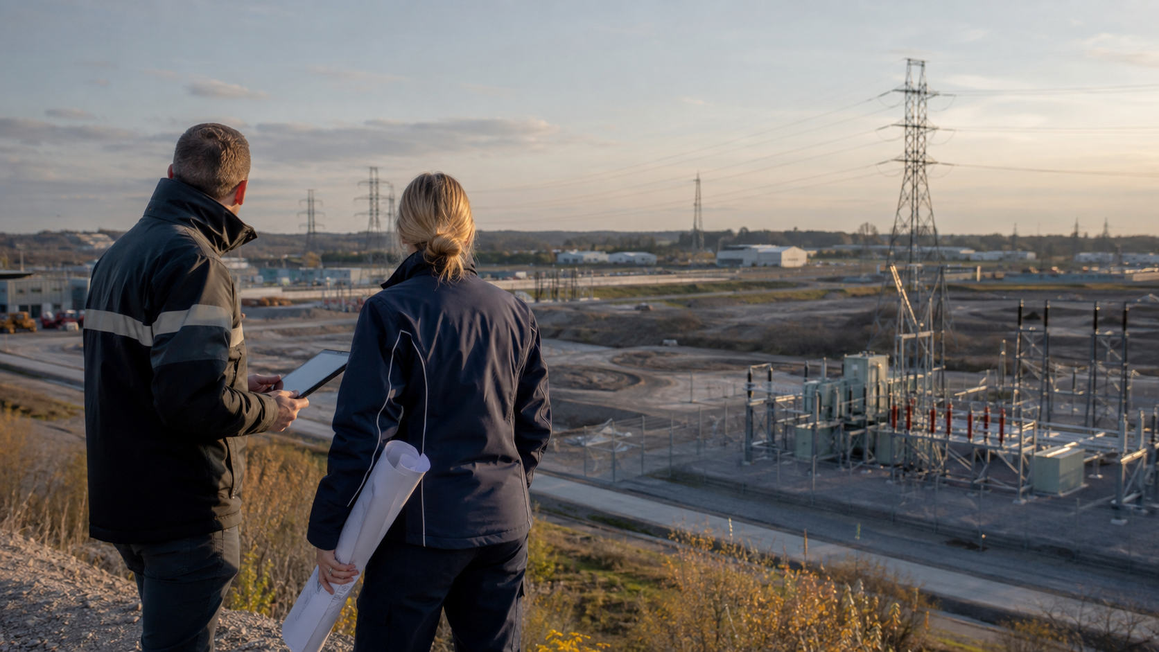 Infrastructure engineers assessing land beside a data center power connection